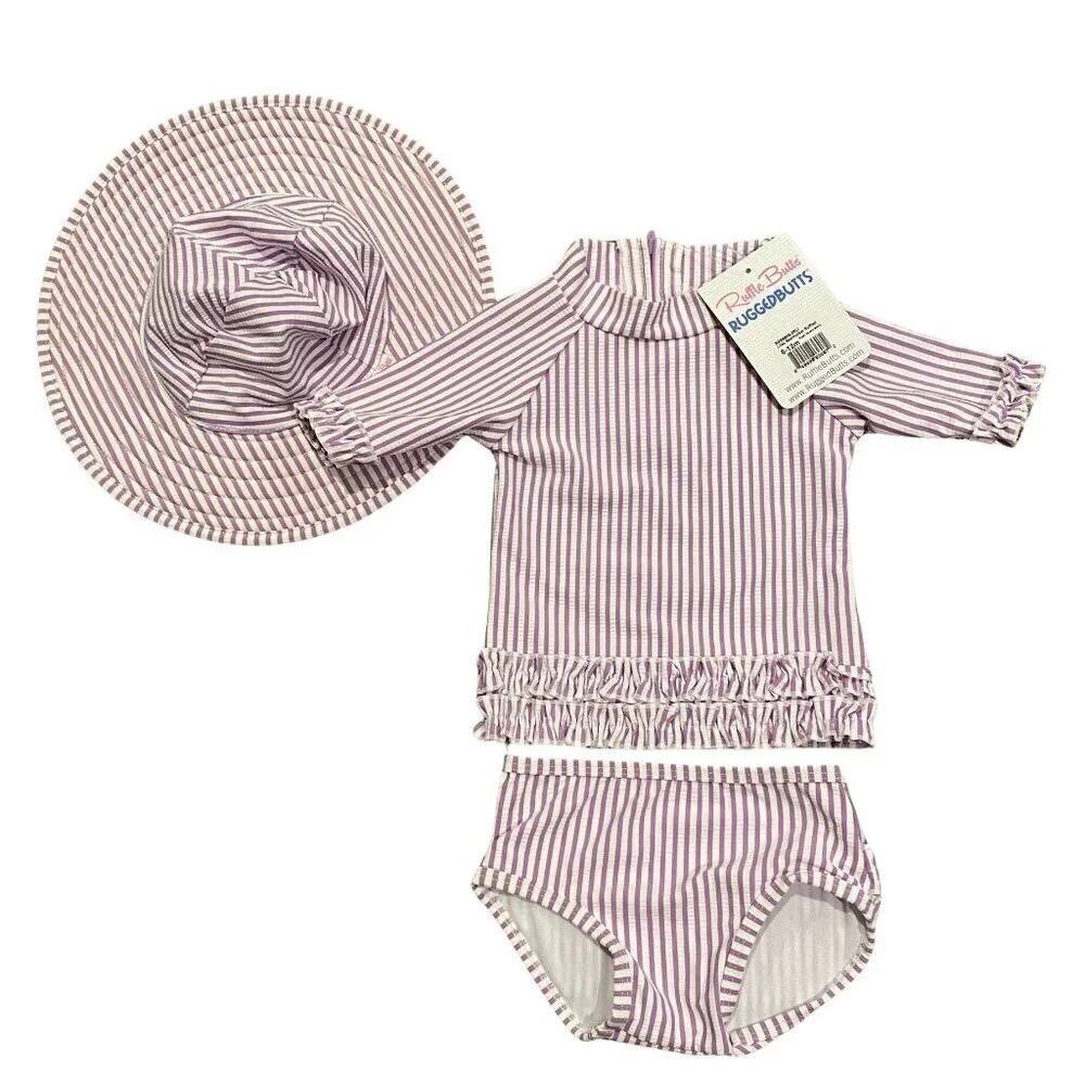 Ruffle Butts 3 piece Purple & White Seersucker Swimsuit & Hat - New! - Picture 1 of 6